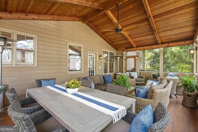 4840 Spring Park Cir, Suwanee, GA 30024 - sunroom / solarium featuring an outdoor hangout area, ceiling fan, and outdoor dining space