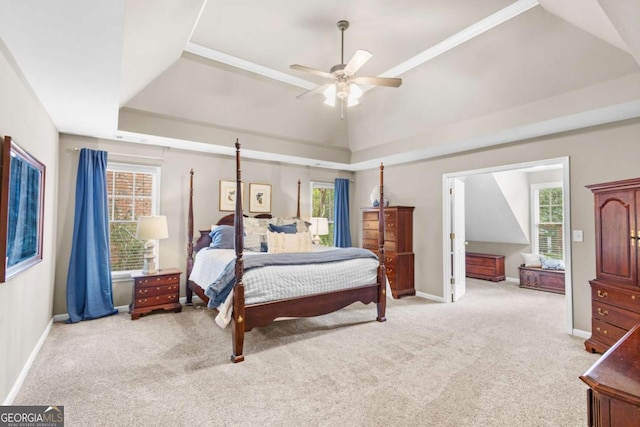 4840 Spring Park Cir, Suwanee, GA 30024 - bedroom with a tray ceiling, light colored carpet, a ceiling fan, and baseboards