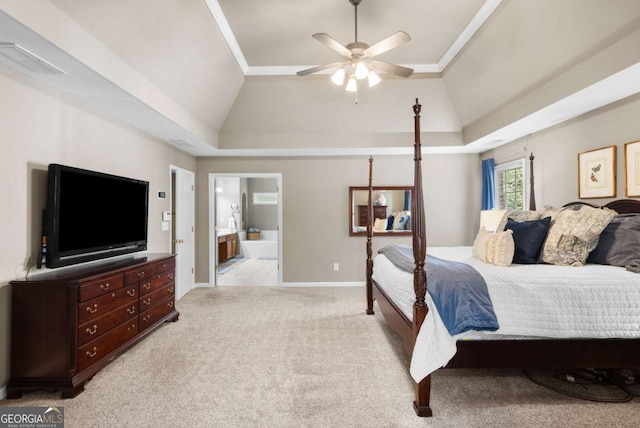 4840 Spring Park Cir, Suwanee, GA 30024 - bedroom with vaulted ceiling, light colored carpet, ensuite bathroom, baseboards, and ceiling fan
