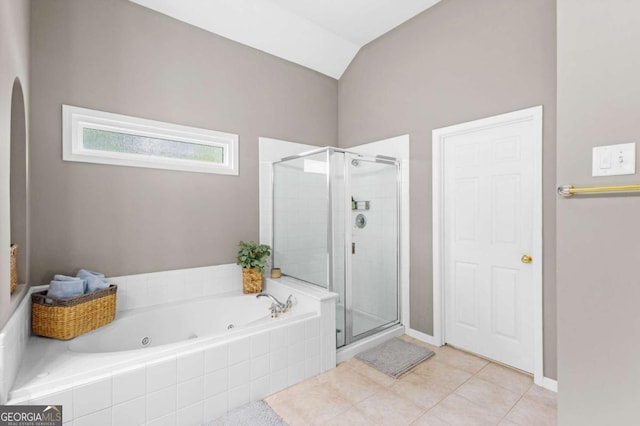4840 Spring Park Cir, Suwanee, GA 30024 - full bathroom featuring a stall shower, a tub with jets, lofted ceiling, and tile patterned floors
