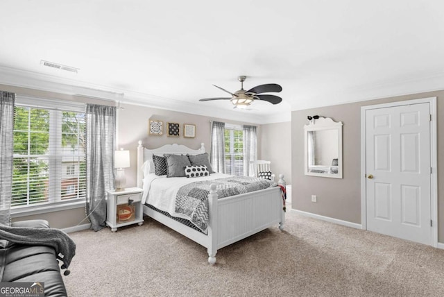 4840 Spring Park Cir, Suwanee, GA 30024 - bedroom featuring ornamental molding, baseboards, light colored carpet, and ceiling fan