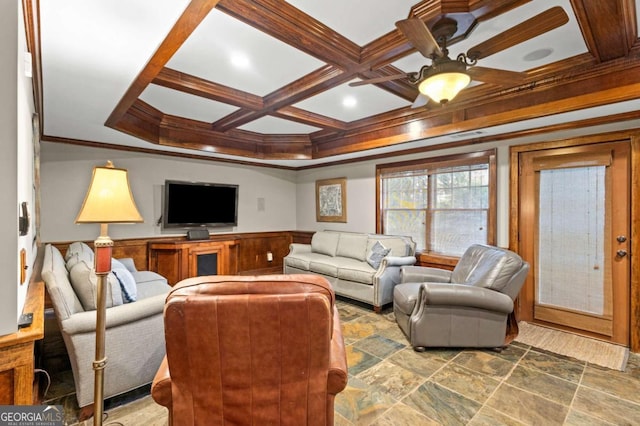 4840 Spring Park Cir, Suwanee, GA 30024 - living room with ornamental molding, coffered ceiling, ceiling fan, beamed ceiling, and stone finish floors