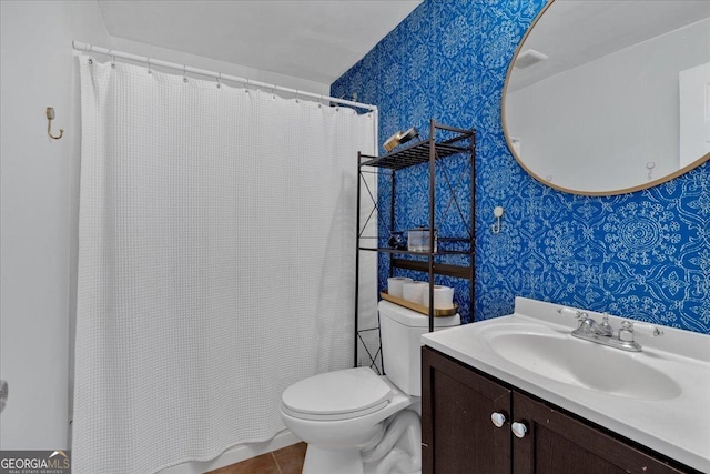 full bathroom with wallpapered walls, toilet, vanity, tile patterned flooring, and a shower with shower curtain