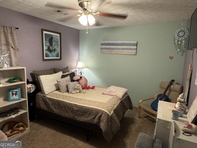 435 Rosehill Dr, Mcdonough, GA 30253 - bedroom with carpet floors, a textured ceiling, and a ceiling fan
