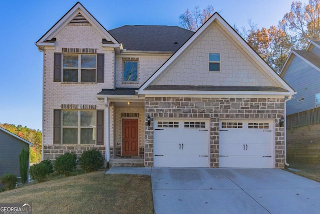 395 Dublin Way, Dallas, GA 30132 - view of front of house with stone siding, concrete driveway, a front lawn, and brick siding