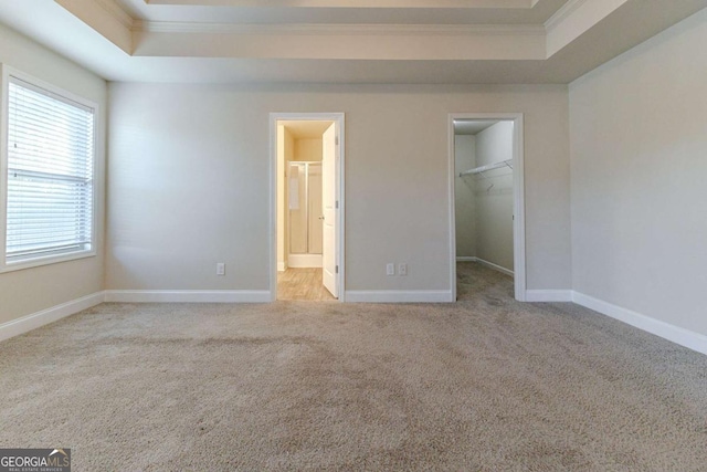 395 Dublin Way, Dallas, GA 30132 - unfurnished bedroom featuring a tray ceiling, crown molding, a walk in closet, carpet flooring, and a closet