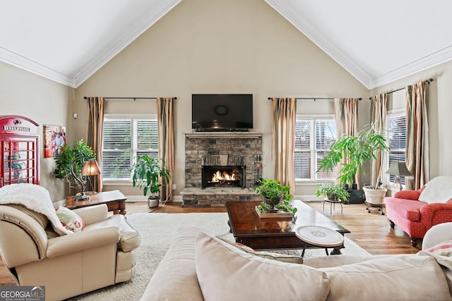 2041 Democracy Dr, Buford, GA 30519 - living area with high vaulted ceiling, wood finished floors, a stone fireplace, and ornamental molding