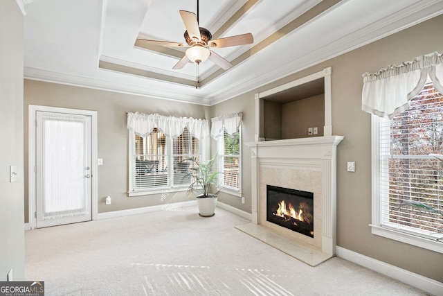 2041 Democracy Dr, Buford, GA 30519 - unfurnished living room with ornamental molding, carpet floors, a premium fireplace, ceiling fan, and baseboards