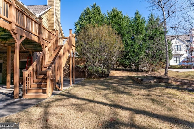 2041 Democracy Dr, Buford, GA 30519 - view of grassy yard featuring a deck and stairway