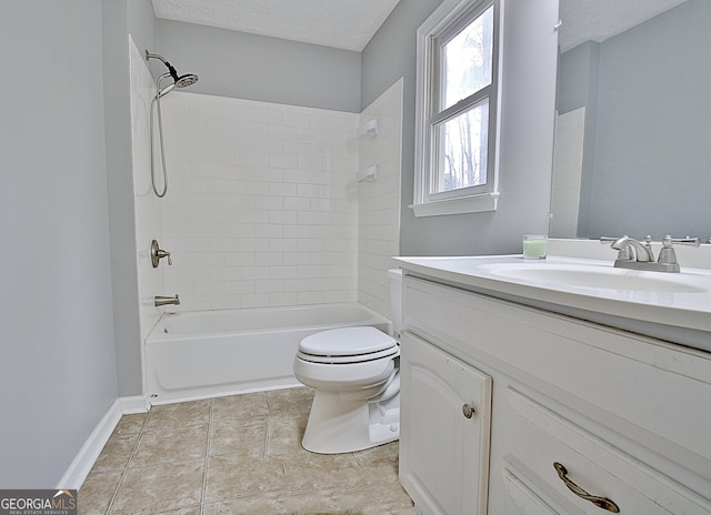 bathroom with toilet, vanity, a textured ceiling, bathing tub / shower combination, and baseboards