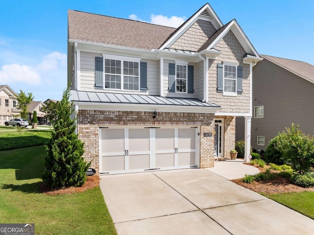 6658 Rivergreen Rd, Flowery Branch, GA 30542 - craftsman house featuring brick siding, a garage, a front lawn, driveway, and roof with shingles