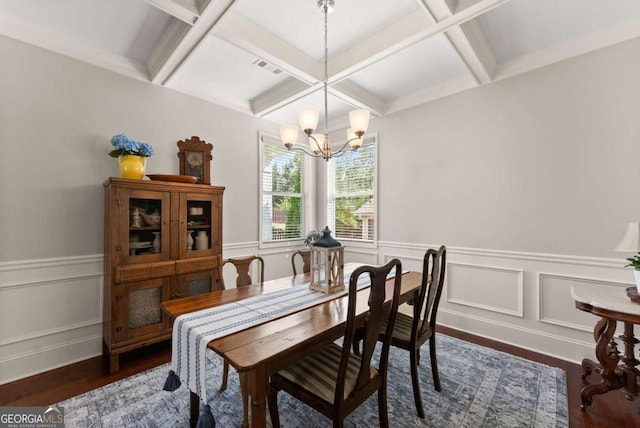 6658 Rivergreen Rd, Flowery Branch, GA 30542 - dining area with coffered ceiling, a chandelier, dark wood finished floors, beamed ceiling, and a wainscoted wall