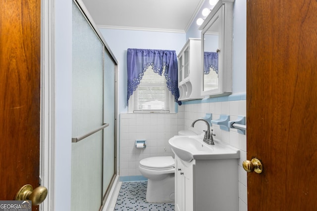 170 Northcrest Dr, Athens, GA 30601 - full bathroom featuring vanity, a stall shower, ornamental molding, toilet, and tile walls