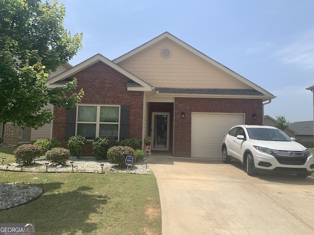 single story home with concrete driveway, brick siding, a garage, and a front yard