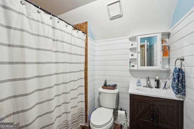 230 Vienna Way, Douglasville, GA 30134 - bathroom featuring vanity, toilet, wood walls, and a shower with curtain