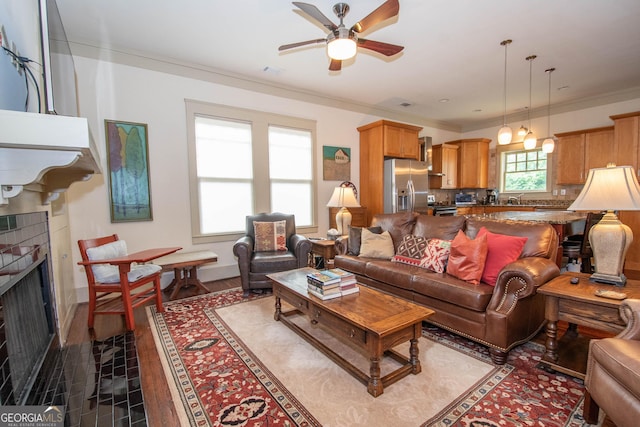 20 Salbide Ave, Newnan, GA 30263 - living area featuring a ceiling fan, a fireplace, ornamental molding, and dark wood-type flooring