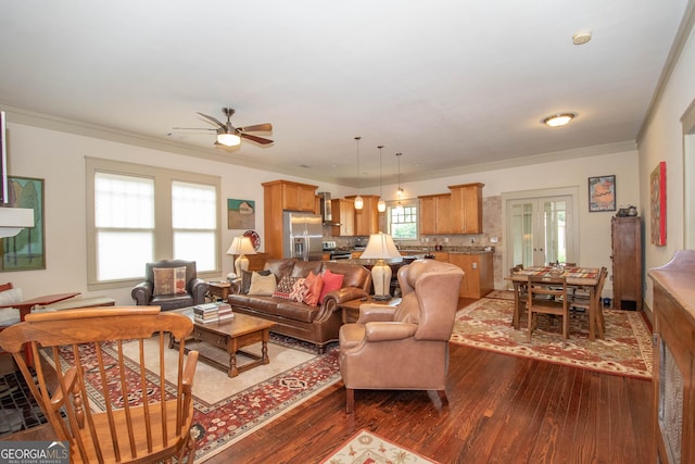 20 Salbide Ave, Newnan, GA 30263 - living room with hardwood / wood-style flooring, a ceiling fan, and crown molding