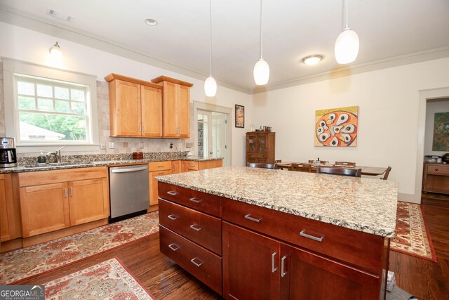 20 Salbide Ave, Newnan, GA 30263 - kitchen featuring stainless steel dishwasher, a sink, dark wood finished floors, ornamental molding, and light stone counters