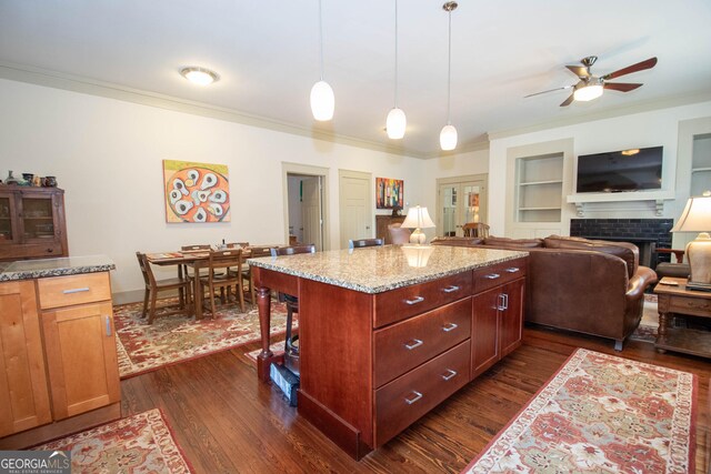 20 Salbide Ave, Newnan, GA 30263 - kitchen with dark wood-type flooring, ceiling fan, a fireplace, ornamental molding, and light stone counters