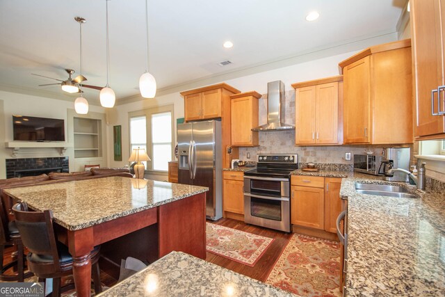 20 Salbide Ave, Newnan, GA 30263 - kitchen featuring wall chimney exhaust hood, stainless steel appliances, a sink, dark wood-type flooring, and ceiling fan