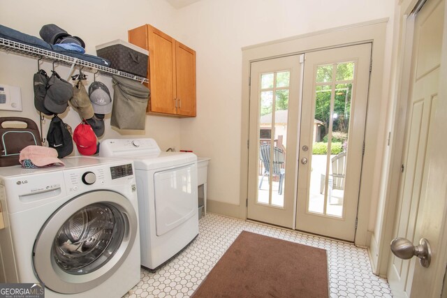 20 Salbide Ave, Newnan, GA 30263 - laundry room with washer and clothes dryer, light floors, cabinet space, and french doors