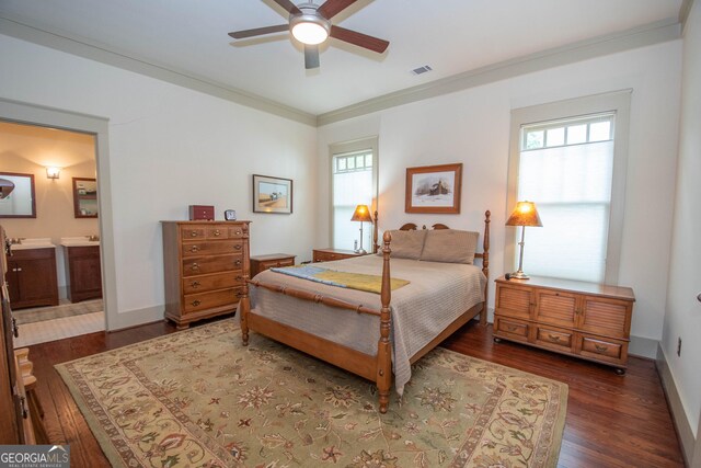20 Salbide Ave, Newnan, GA 30263 - bedroom featuring dark wood-style floors, connected bathroom, baseboards, ornamental molding, and ceiling fan