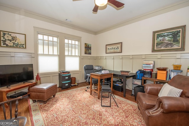20 Salbide Ave, Newnan, GA 30263 - home office with a decorative wall, wood finished floors, a ceiling fan, and wainscoting