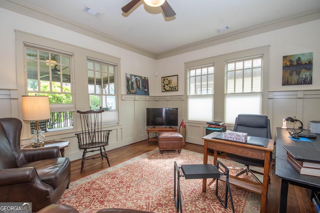 20 Salbide Ave, Newnan, GA 30263 - office area featuring a decorative wall, ceiling fan, wood finished floors, and a wainscoted wall
