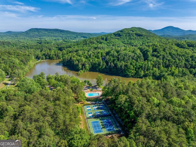 aerial overview of property's location featuring a heavily wooded area and a water and mountain view