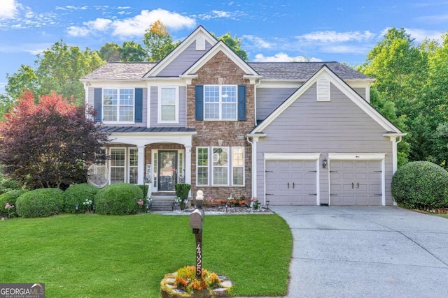4325 Acanthite Ct, Cumming, GA 30040 - traditional-style house featuring driveway, stone siding, a front yard, an attached garage, and roof with shingles