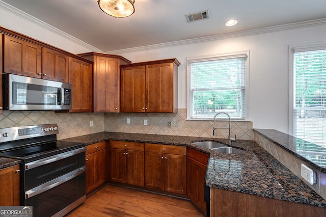 200 Hidden Spring Way, Athens, GA 30605 - kitchen featuring appliances with stainless steel finishes, a sink, crown molding, dark stone countertops, and light wood-type flooring