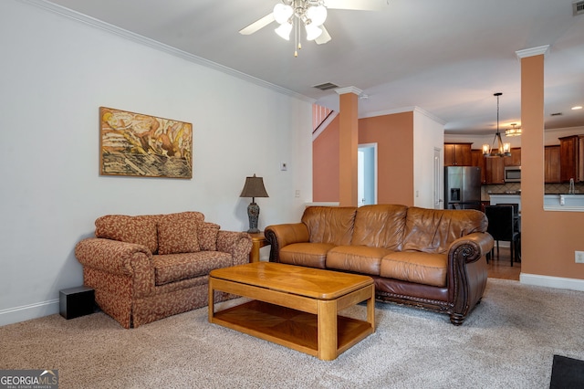 200 Hidden Spring Way, Athens, GA 30605 - living area featuring a chandelier, ceiling fan, light colored carpet, ornamental molding, and baseboards