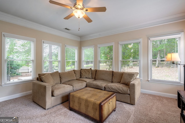 200 Hidden Spring Way, Athens, GA 30605 - living room featuring baseboards, crown molding, ceiling fan, and light carpet
