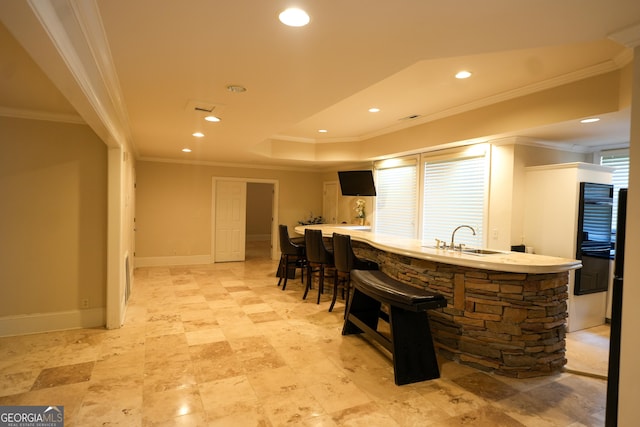 1010 Forest Overlook Dr SW, Atlanta, GA 30331 - bar area with ornamental molding, recessed lighting, baseboards, a sink, and a raised ceiling