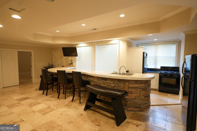 1010 Forest Overlook Dr SW, Atlanta, GA 30331 - bar featuring black appliances, ornamental molding, a sink, a tray ceiling, and recessed lighting