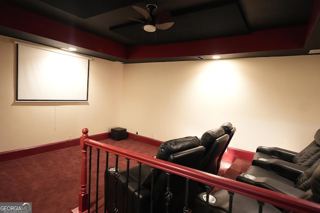 1010 Forest Overlook Dr SW, Atlanta, GA 30331 - home theater room featuring carpet floors, a ceiling fan, baseboards, and a tray ceiling