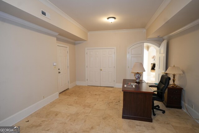 1010 Forest Overlook Dr SW, Atlanta, GA 30331 - office featuring crown molding, arched walkways, and baseboards