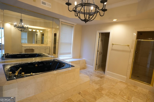 1010 Forest Overlook Dr SW, Atlanta, GA 30331 - bathroom with a chandelier, crown molding, a shower stall, a tub with jets, and vanity