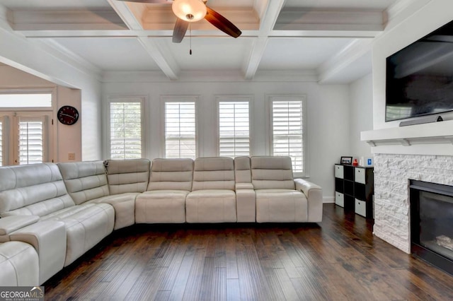 828 Olmsted Ln, Duluth, GA 30097 - living area with coffered ceiling, ceiling fan, plenty of natural light, dark wood-style flooring, and beam ceiling