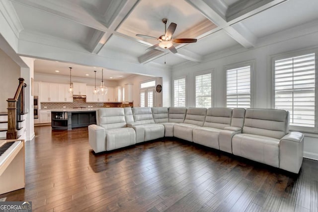 828 Olmsted Ln, Duluth, GA 30097 - living room with ceiling fan, coffered ceiling, beamed ceiling, dark wood-style floors, and recessed lighting