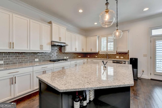 828 Olmsted Ln, Duluth, GA 30097 - kitchen with a sink, white cabinets, under cabinet range hood, tasteful backsplash, and recessed lighting