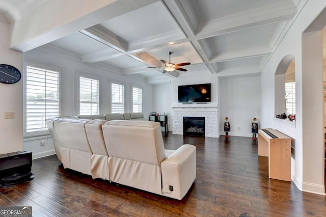 828 Olmsted Ln, Duluth, GA 30097 - living area with a ceiling fan, dark wood finished floors, baseboards, beamed ceiling, and coffered ceiling