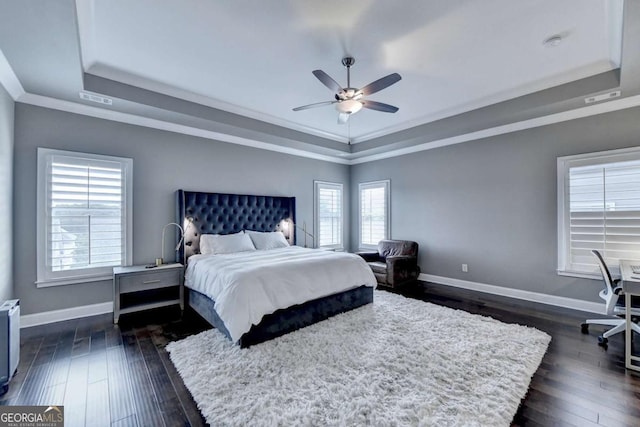 828 Olmsted Ln, Duluth, GA 30097 - bedroom with a raised ceiling, baseboards, dark wood-style floors, and crown molding