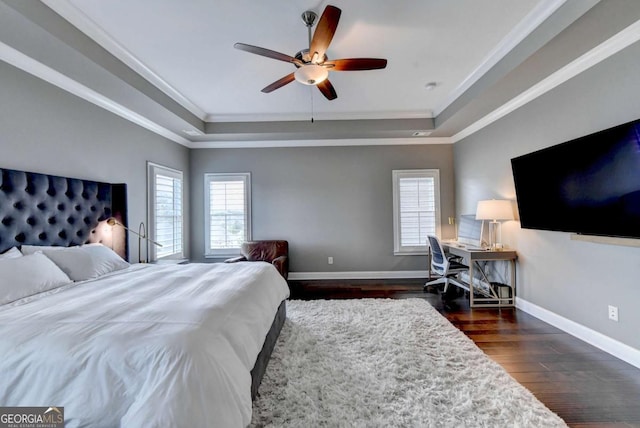 828 Olmsted Ln, Duluth, GA 30097 - bedroom with a tray ceiling, baseboards, dark wood-type flooring, and crown molding