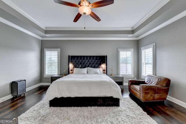 828 Olmsted Ln, Duluth, GA 30097 - bedroom with a tray ceiling, wood finished floors, ornamental molding, baseboards, and ceiling fan