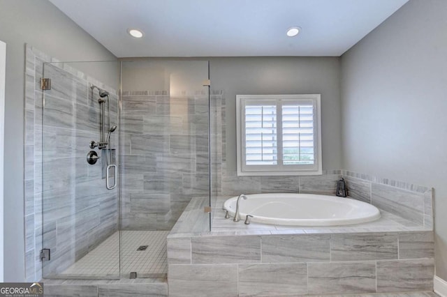 828 Olmsted Ln, Duluth, GA 30097 - full bathroom featuring a garden tub, a stall shower, and recessed lighting