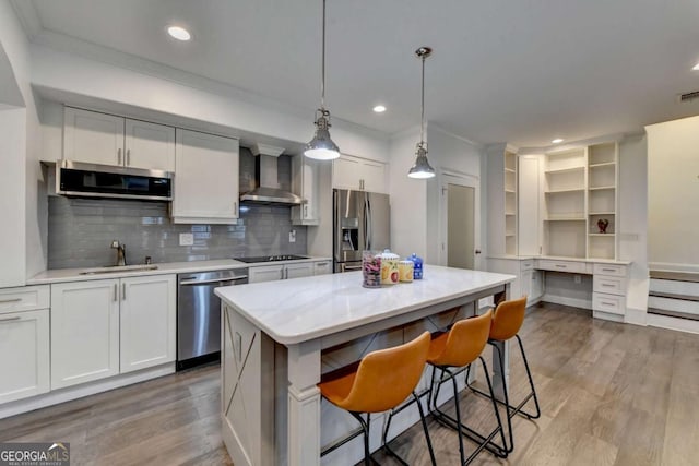 828 Olmsted Ln, Duluth, GA 30097 - kitchen with stainless steel appliances, wall chimney exhaust hood, a sink, open shelves, and light wood finished floors