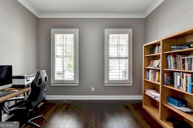 828 Olmsted Ln, Duluth, GA 30097 - office area featuring dark wood-type flooring, crown molding, and baseboards