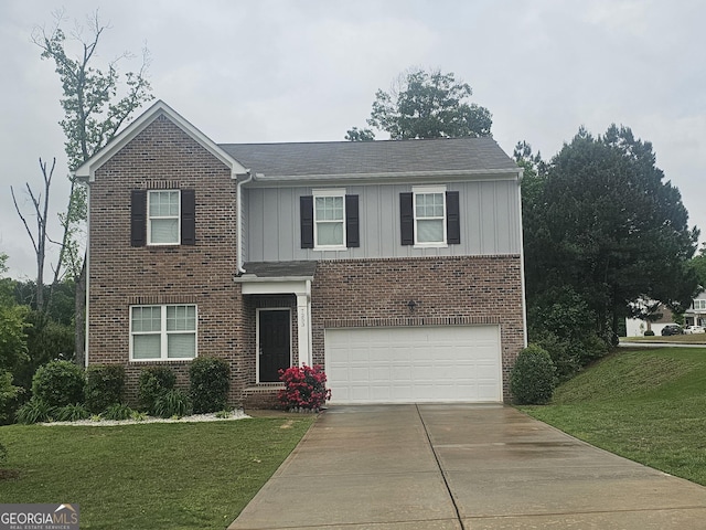 7253 Lacey Dr, Douglasville, GA 30134 - traditional-style home featuring board and batten siding, concrete driveway, an attached garage, and brick siding