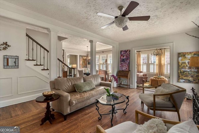 430 Milledge Cir, Athens, GA 30609 - living room featuring a textured ceiling, healthy amount of natural light, stairs, wood finished floors, and ceiling fan
